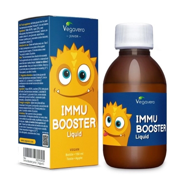 Vegavero Immu Booster Liquid - Имуностимулиращ сироп за деца с бета глюкани, цинк + витамин С и D3, 150 ml, с вкус на ябълка