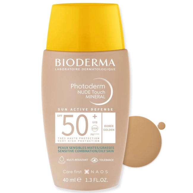 Bioderma Photoderm Nude Touch Слънцезащитен оцветен флуид за лице за комбинирана и мазна кожа SPF50+ Златист нюанс 40 мл