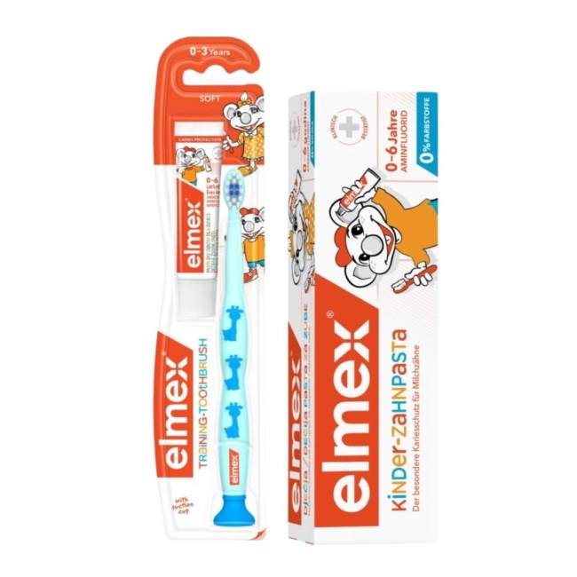 Elmex Четка за зъби за деца от 0 до 3 години + Паста за зъби от 0 до 6 години