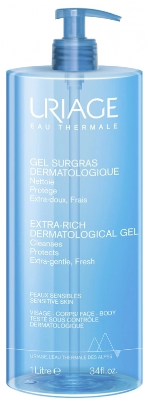 URIAGE Gel Surgras Extra Rich Пенлив почистващ гел за лице и тяло за чувствителна кожа 1000 мл