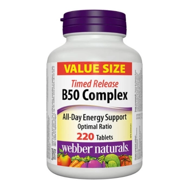 Webber Naturals Енергия, мозъчна дейност и сърдечно-съдова система - Витамин В50 Комплекс, 220 таблетки