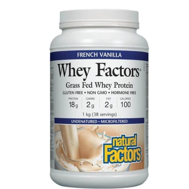 Natural Factors Whey Factors® Grass Fed Whey Protein - Суроватъчен протеин изолат с вкус на ванилия, 1 kg прах