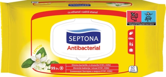 Septona Antibacterial Антибактериални мокри кърпи с аромат на лимон 60 броя