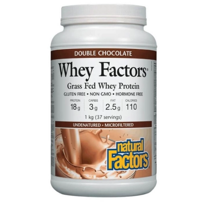 Natural Factors Whey Factors® Grass Fed Whey Protein - Суроватъчен протеин изолат с вкус на шоколад, 1 kg прах