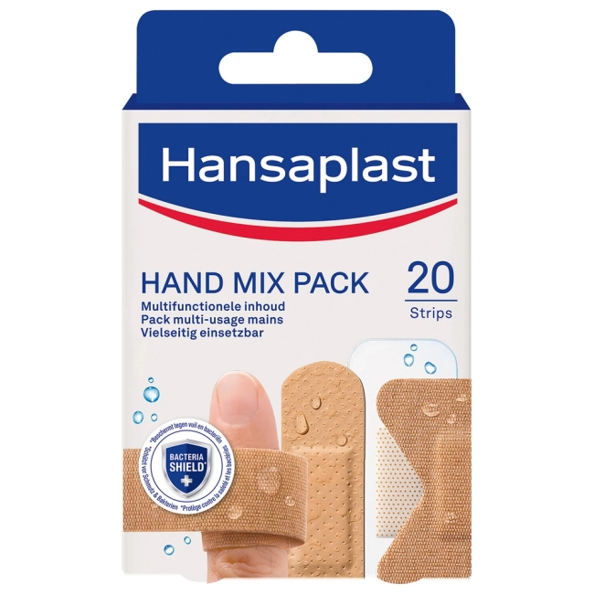 Hansaplast Hand Mix Pack Водоотблъскващи еластични пластири за ръце, 5 размера 20 броя