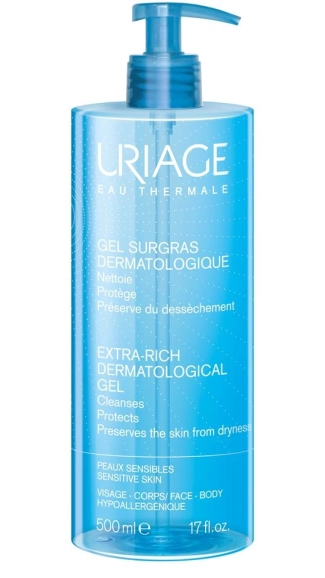 URIAGE Gel Surgras Extra Rich Пенлив почистващ гел за лице и тяло за чувствителна кожа 500 мл