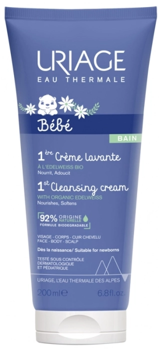URIAGE Bebe 1er Нежен пенлив душ-крем за бебета и деца за лице, тяло и коса с органичен еделвайс 200 мл