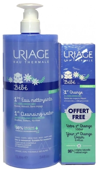 URIAGE Bebe 1er EAU Почистваща вода за бебета без изплакване с органичен еделвайс 1000 мл + Uriage Bebe 1er Change Крем за бебета при подсичане с органичен еделвайс 100 мл Комплект