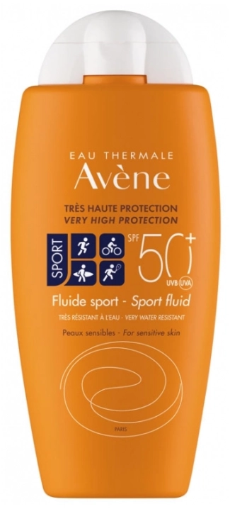 Avene Eau Thermale Sport Водоустойчив слънцезащитен флуид за лице и тяло за чувствителна кожа SPF50+ 100 мл